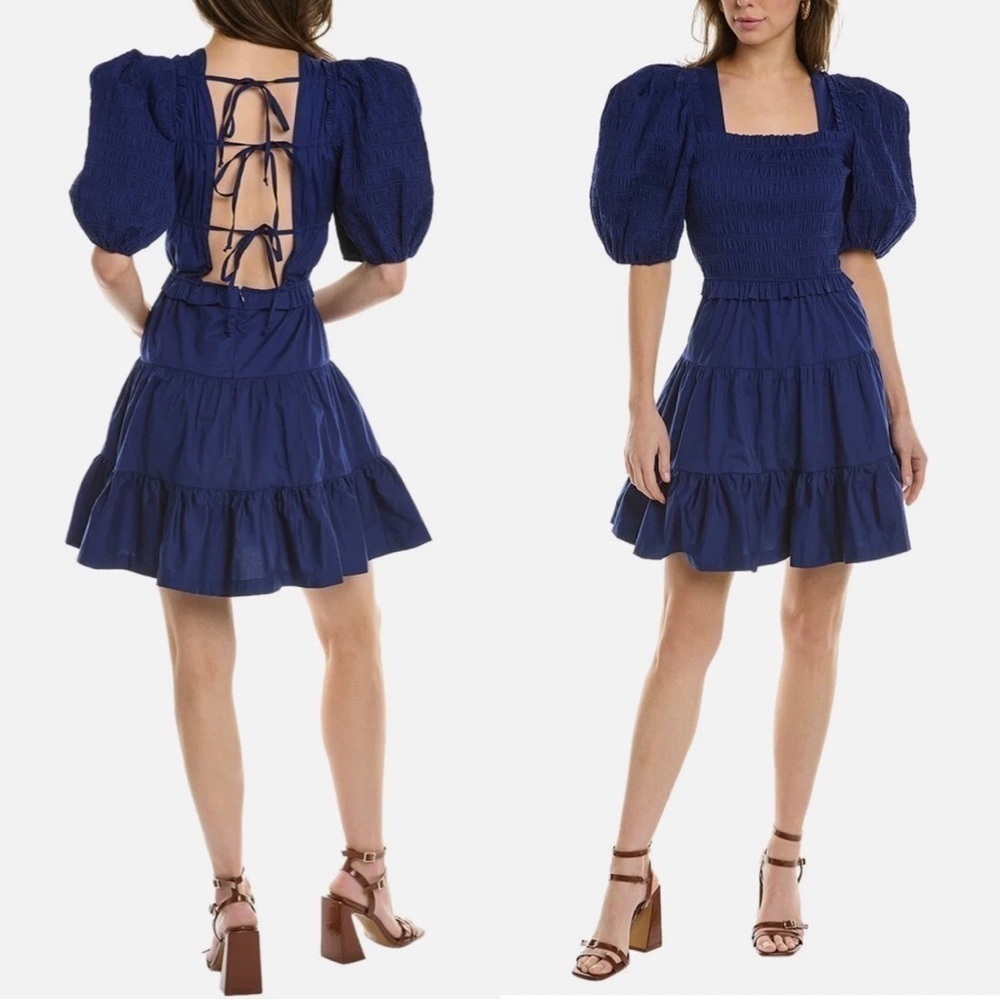 NWT SEA NEW YORK Babydoll Tiered Puff Sleeve Mini Dress Cobalt Blue Sz S